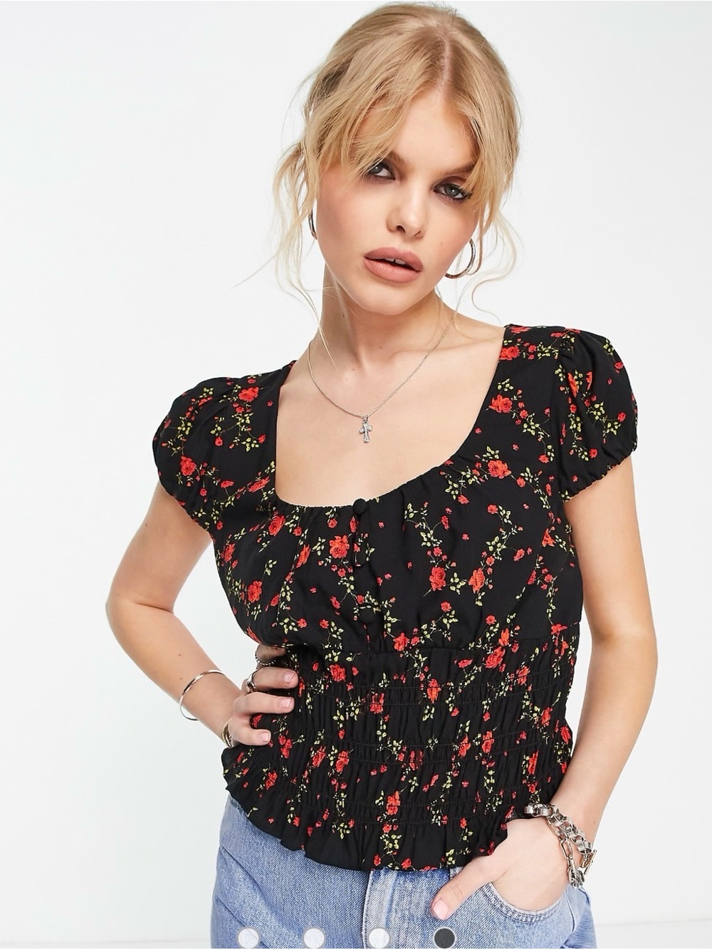 Topshop Black Floral Smocked Square-Neck Top